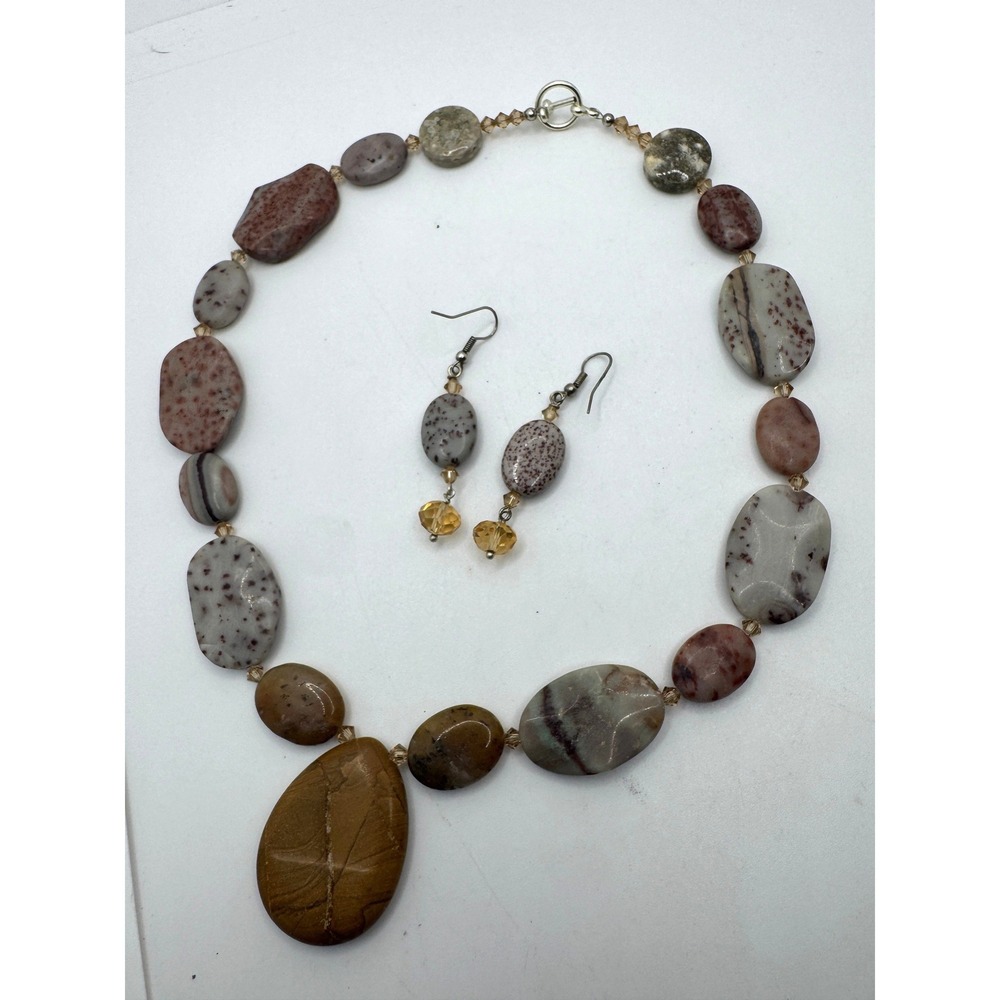 Natural Stone Jasper Chunky Beaded Necklace and Earring Set Earthy Boho Jewelry